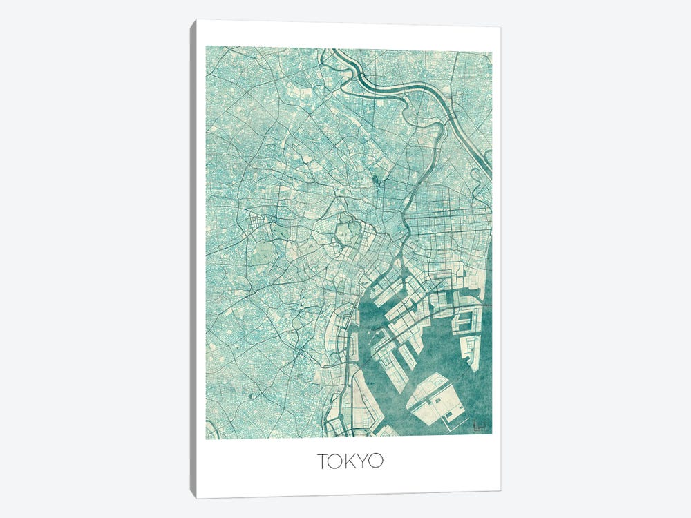 Tokyo Vintage Blue Watercolor Urban Blueprint Map by Hubert Roguski 1-piece Canvas Art