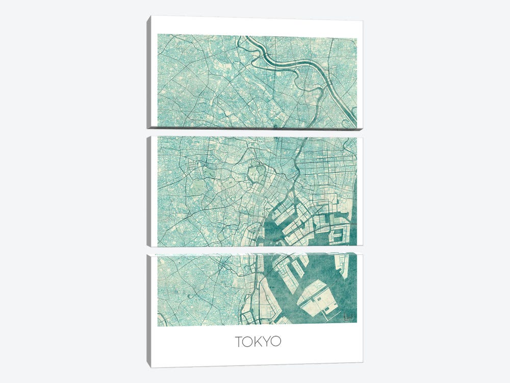 Tokyo Vintage Blue Watercolor Urban Blueprint Map 3-piece Canvas Wall Art