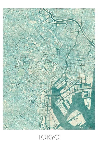 Hubert Roguski: Tokyo Vintage Blue Watercolor Urban Blueprint Map by Hubert Roguski