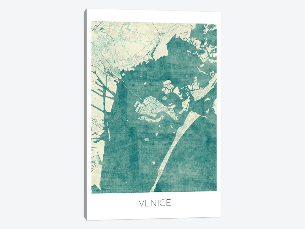 Venice Vintage Blue Watercolor Urban Blueprint Map by Hubert Roguski 1-piece Canvas Art
