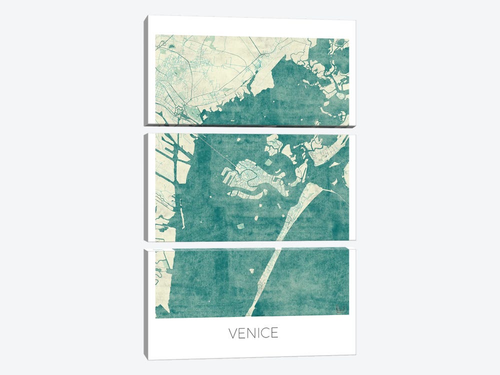 Venice Vintage Blue Watercolor Urban Blueprint Map by Hubert Roguski 3-piece Canvas Wall Art
