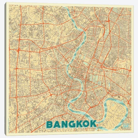 Bangkok Retro Urban Blueprint Map Canvas Print #HUR38} by Hubert Roguski Canvas Art