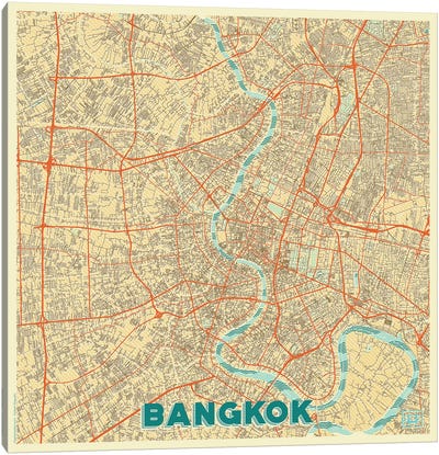 Bangkok Retro Urban Blueprint Map Canvas Art Print - Bangkok Art
