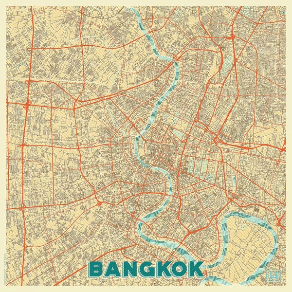 Hubert Roguski: Bangkok Retro Urban Blueprint Map by Hubert Roguski