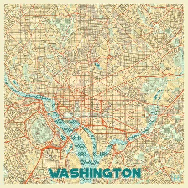 Large Map Art - Canvas Prints: Washington, D.C. Retro Urban Blueprint Map by Hubert Roguski
