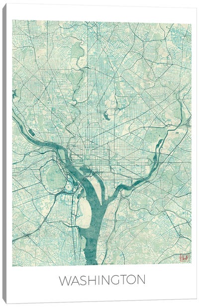 Washington, D.C. Vintage Blue Watercolor Urban Blueprint Map Canvas Art Print - Hubert Roguski