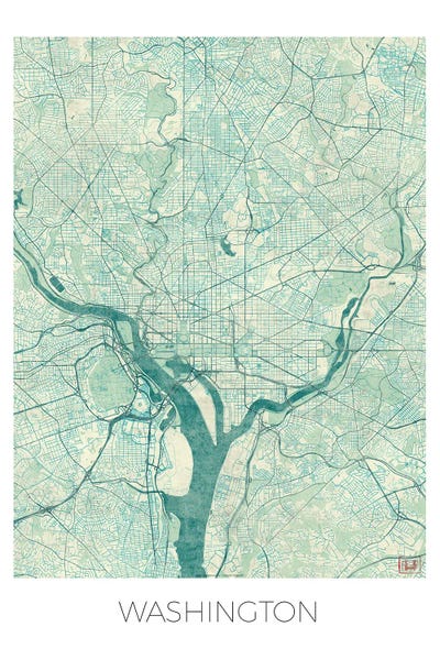 Washington, D.C. Maps: Washington, D.C. Vintage Blue Watercolor Urban Blueprint Map by Hubert Roguski