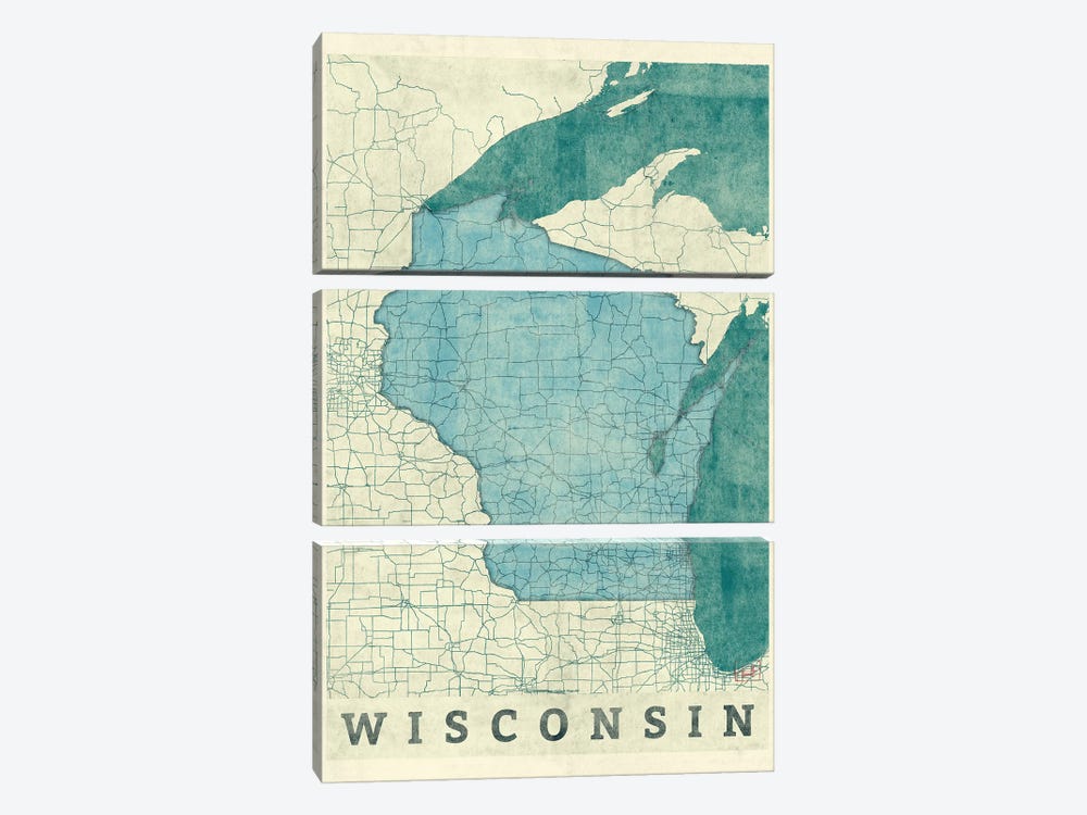 Wisconsin Map by Hubert Roguski 3-piece Canvas Artwork