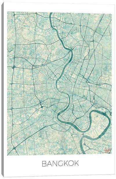 Bangkok Vintage Blue Watercolor Urban Blueprint Map Canvas Art Print - Hubert Roguski
