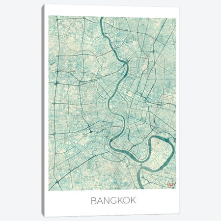Bangkok Vintage Blue Watercolor Urban Blueprint Map Canvas Print #HUR39} by Hubert Roguski Canvas Art