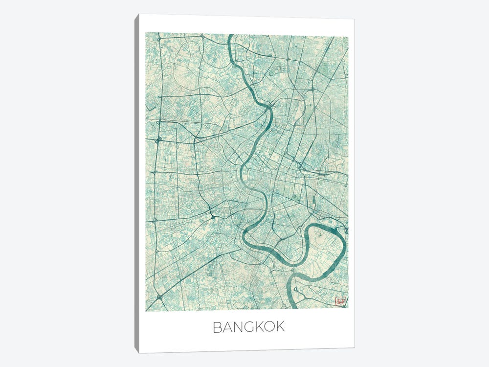Bangkok Vintage Blue Watercolor Urban Blueprint Map by Hubert Roguski 1-piece Canvas Art
