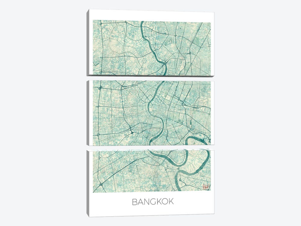 Bangkok Vintage Blue Watercolor Urban Blueprint Map by Hubert Roguski 3-piece Canvas Artwork