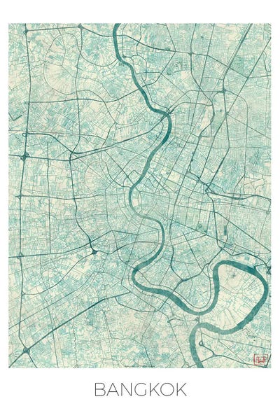 Thailand: Bangkok Vintage Blue Watercolor Urban Blueprint Map by Hubert Roguski