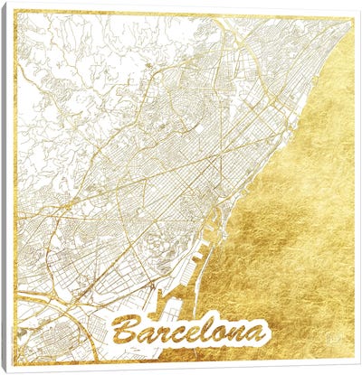 Barcelona Gold Leaf Urban Blueprint Map Canvas Art Print - Hubert Roguski