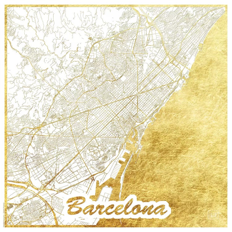 Barcelona Gold Leaf Urban Blueprint Map