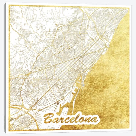 Barcelona Gold Leaf Urban Blueprint Map Canvas Print #HUR40} by Hubert Roguski Canvas Print