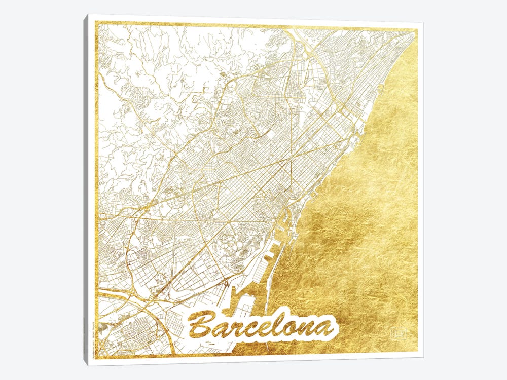 Barcelona Gold Leaf Urban Blueprint Map by Hubert Roguski 1-piece Canvas Artwork