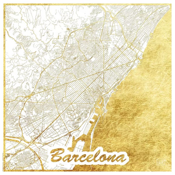 Hubert Roguski: Barcelona Gold Leaf Urban Blueprint Map by Hubert Roguski