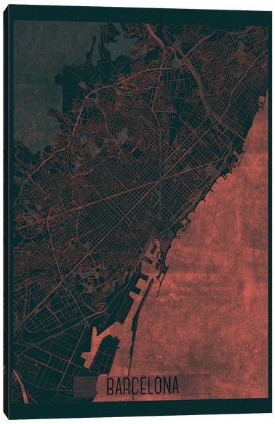 Barcelona Infrared Urban Blueprint Map Canvas Art Print - Barcelona Art