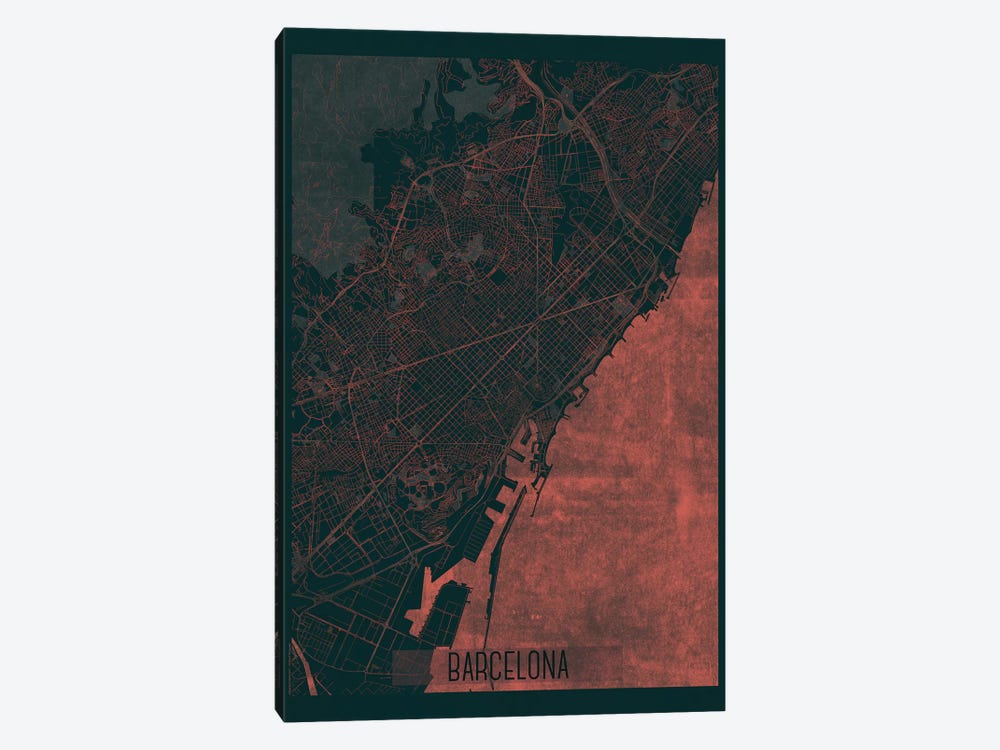 Barcelona Infrared Urban Blueprint Map by Hubert Roguski 1-piece Canvas Art