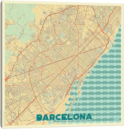 Barcelona Retro Urban Blueprint Map Canvas Art Print - Hubert Roguski