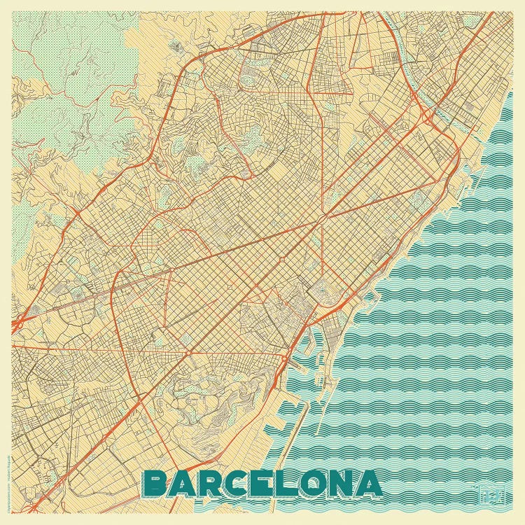 Barcelona Retro Urban Blueprint Map