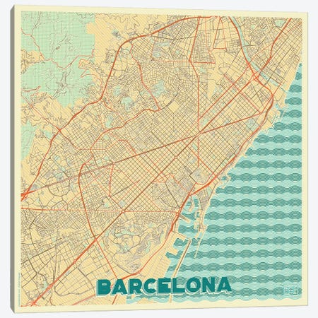 Barcelona Retro Urban Blueprint Map Canvas Print #HUR43} by Hubert Roguski Art Print