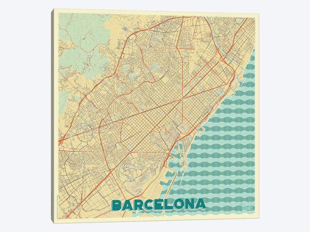 Barcelona Retro Urban Blueprint Map by Hubert Roguski 1-piece Canvas Art Print