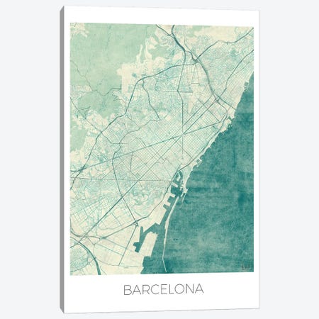 Barcelona Vintage Blue Watercolor Urban Blueprint Map Canvas Print #HUR44} by Hubert Roguski Canvas Wall Art