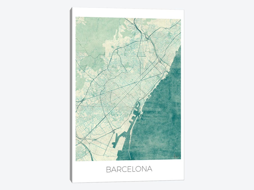 Barcelona Vintage Blue Watercolor Urban Blueprint Map by Hubert Roguski 1-piece Canvas Art