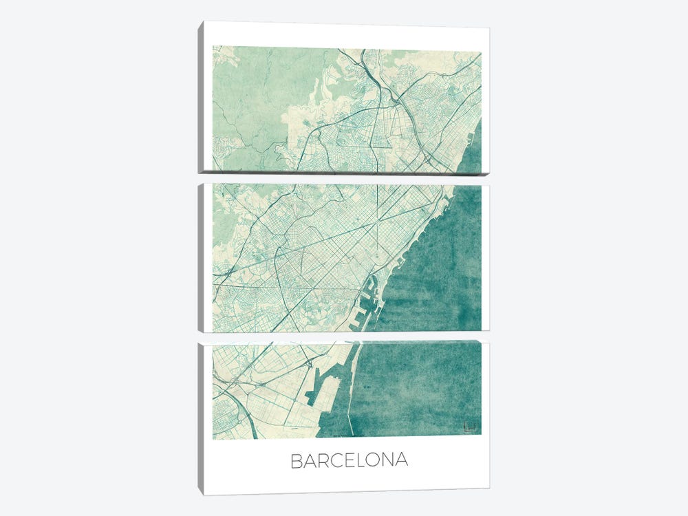 Barcelona Vintage Blue Watercolor Urban Blueprint Map by Hubert Roguski 3-piece Canvas Artwork