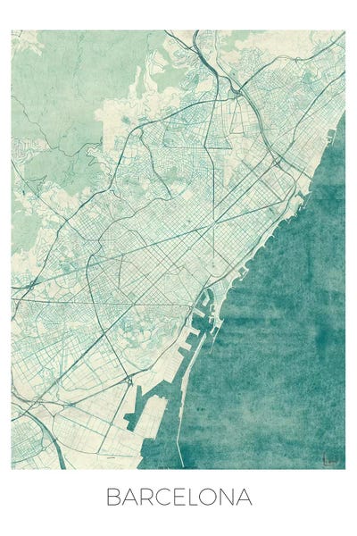 Hubert Roguski: Barcelona Vintage Blue Watercolor Urban Blueprint Map by Hubert Roguski