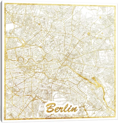 Berlin Gold Leaf Urban Blueprint Map Canvas Art Print - Black, White & Gold Art