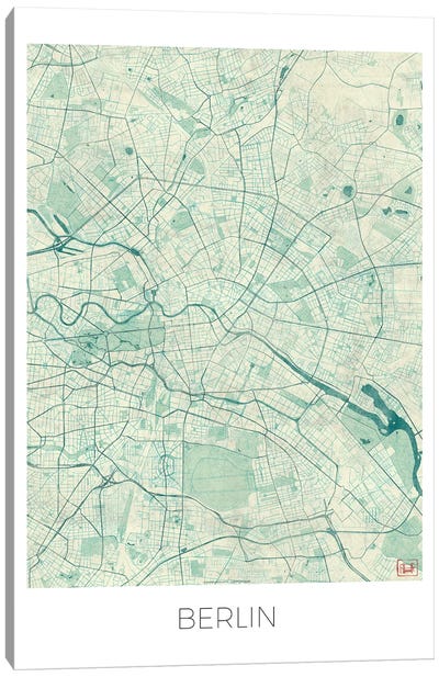 Berlin Vintage Blue Watercolor Urban Blueprint Map Canvas Art Print - Berlin Art