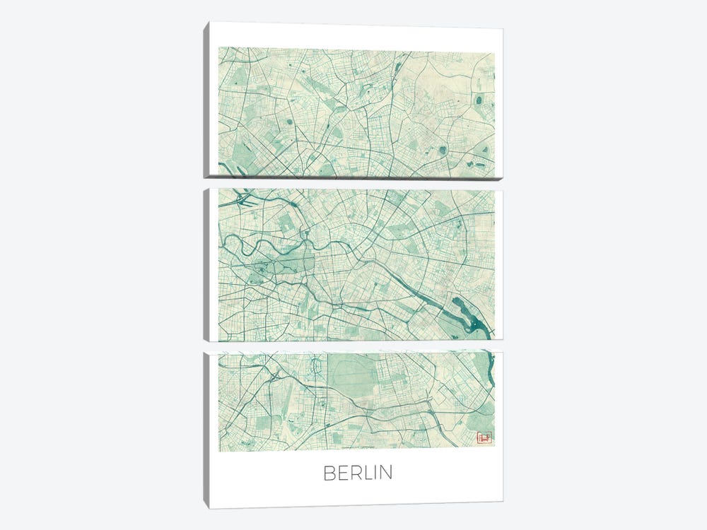 Berlin Vintage Blue Watercolor Urban Blueprint Map by Hubert Roguski 3-piece Canvas Print