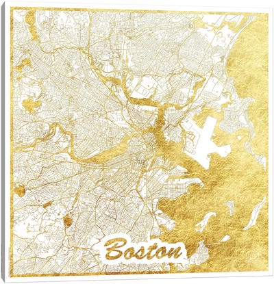 Boston Gold Leaf Urban Blueprint Map Canvas Art Print - Massachusetts Art