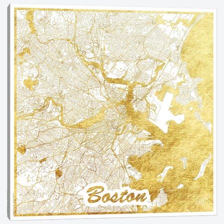 Boston Gold Leaf Urban Blueprint Map Canvas Print #HUR50} by Hubert Roguski Canvas Artwork