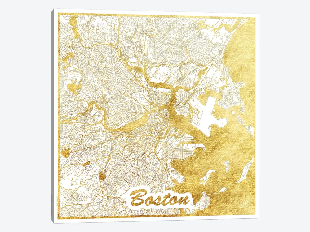 Boston Gold Leaf Urban Blueprint Map by Hubert Roguski 1-piece Canvas Print
