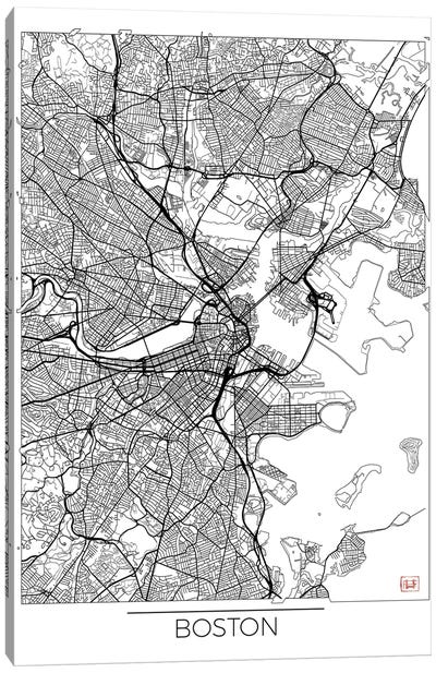 Boston Minimal Urban Blueprint Map Canvas Art Print - Massachusetts