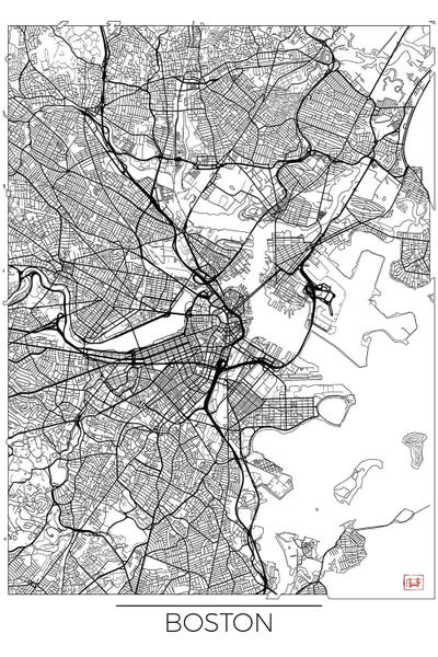 Large Map Art - Canvas Prints: Boston Minimal Urban Blueprint Map by Hubert Roguski