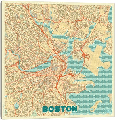 Boston Retro Urban Blueprint Map Canvas Art Print - Boston Maps