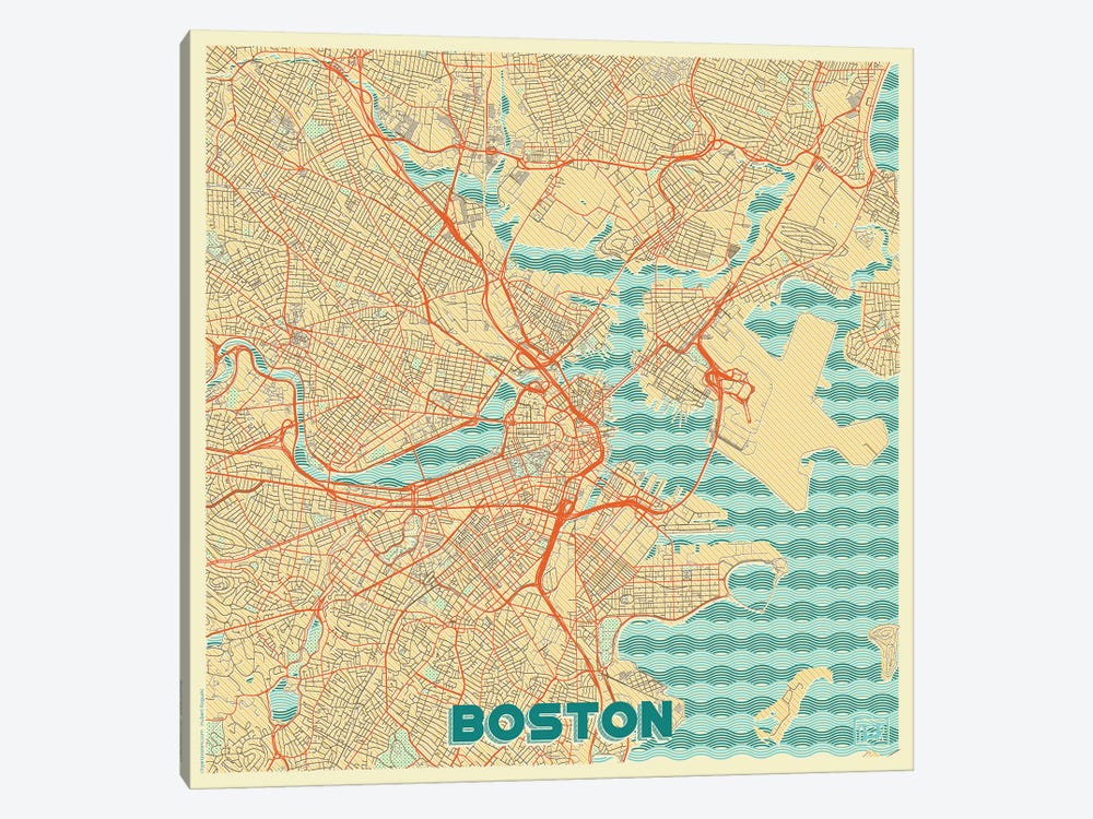 Boston Retro Urban Blueprint Map 1-piece Canvas Artwork