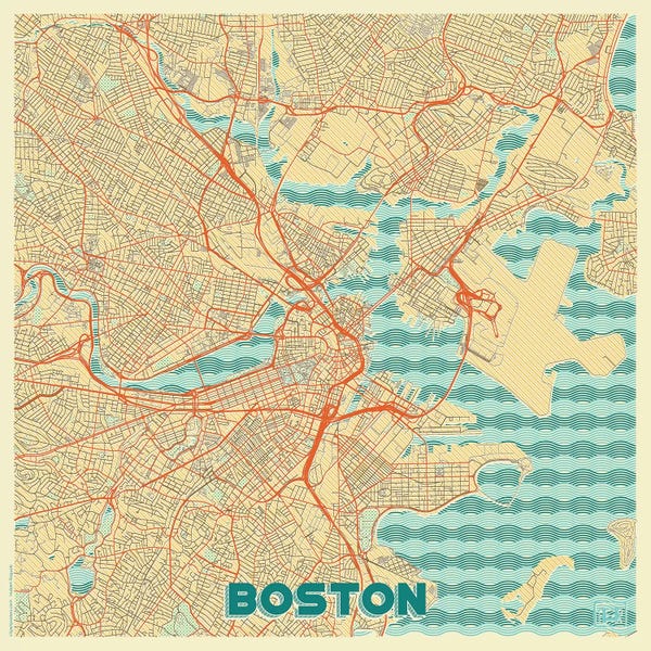 Hubert Roguski: Boston Retro Urban Blueprint Map by Hubert Roguski