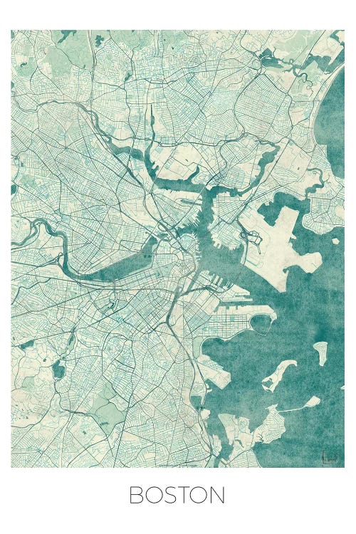 Boston Vintage Blue Watercolor Urban Blueprint Map by Hubert Roguski wall art