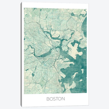 Boston Vintage Blue Watercolor Urban Blueprint Map Canvas Print #HUR54} by Hubert Roguski Canvas Print