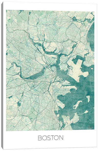 Boston Vintage Blue Watercolor Urban Blueprint Map Canvas Art Print - Boston Maps