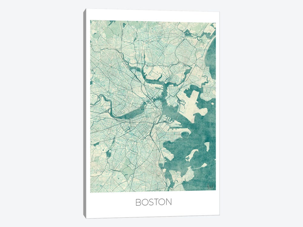Boston Vintage Blue Watercolor Urban Blueprint Map by Hubert Roguski 1-piece Art Print