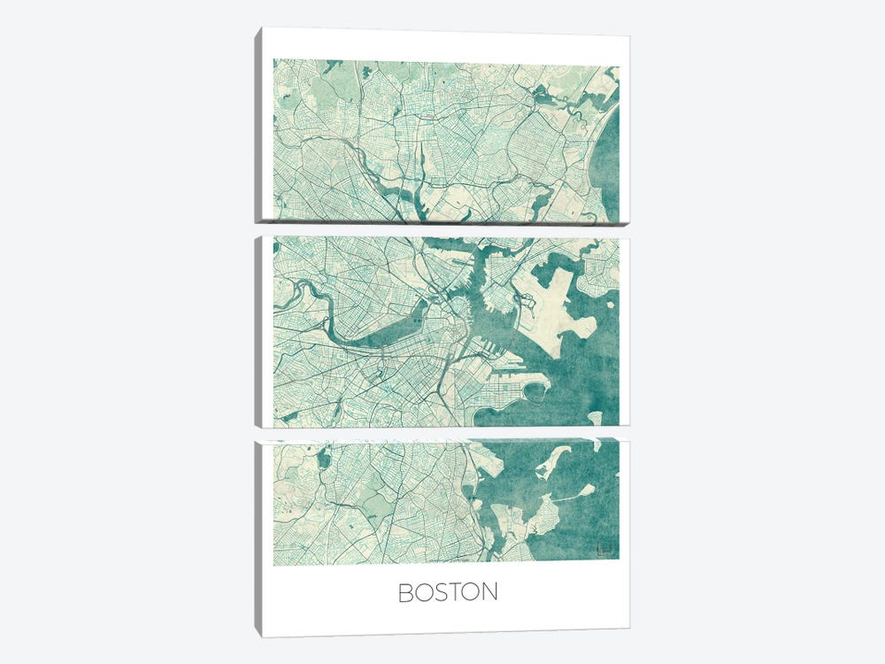 Boston Vintage Blue Watercolor Urban Blueprint Map by Hubert Roguski 3-piece Art Print
