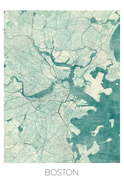 Hubert Roguski: Boston Vintage Blue Watercolor Urban Blueprint Map by Hubert Roguski