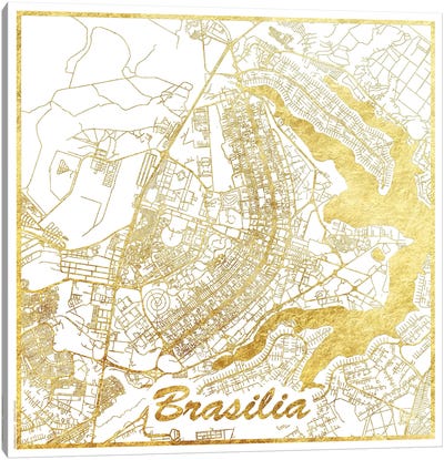 Brasilia Gold Leaf Urban Blueprint Map Canvas Art Print - Black, White & Gold Art